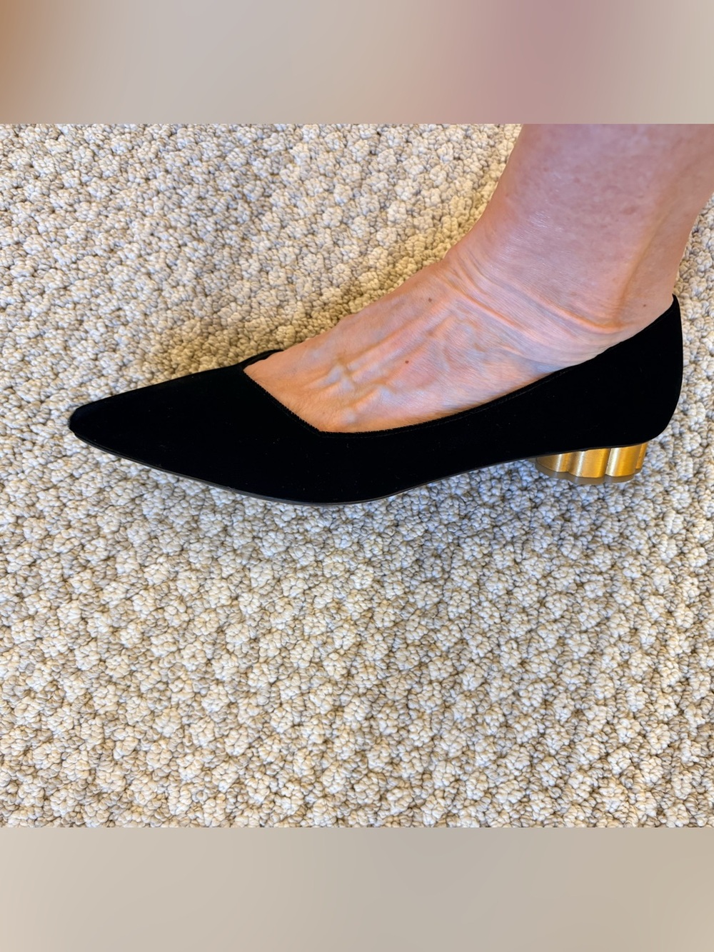 Salvatore Ferragamo Black Velvet Bari Ballet Flat with Gold Sculpted Heel - Picture 3 of 8
